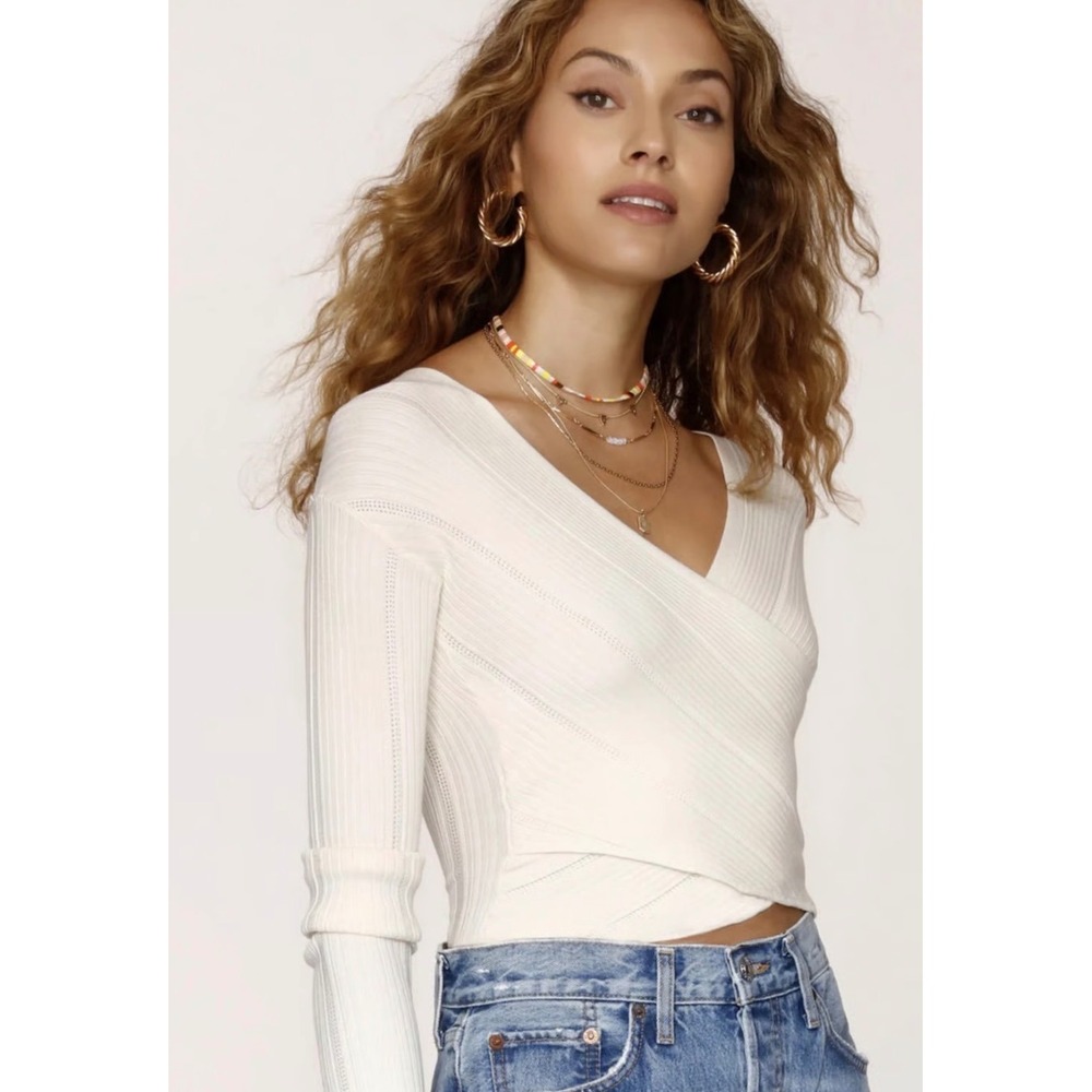 Heartloom Salima Ivory Ribbed Wrap Long Sleeve Pointelle Knit Sweater Small